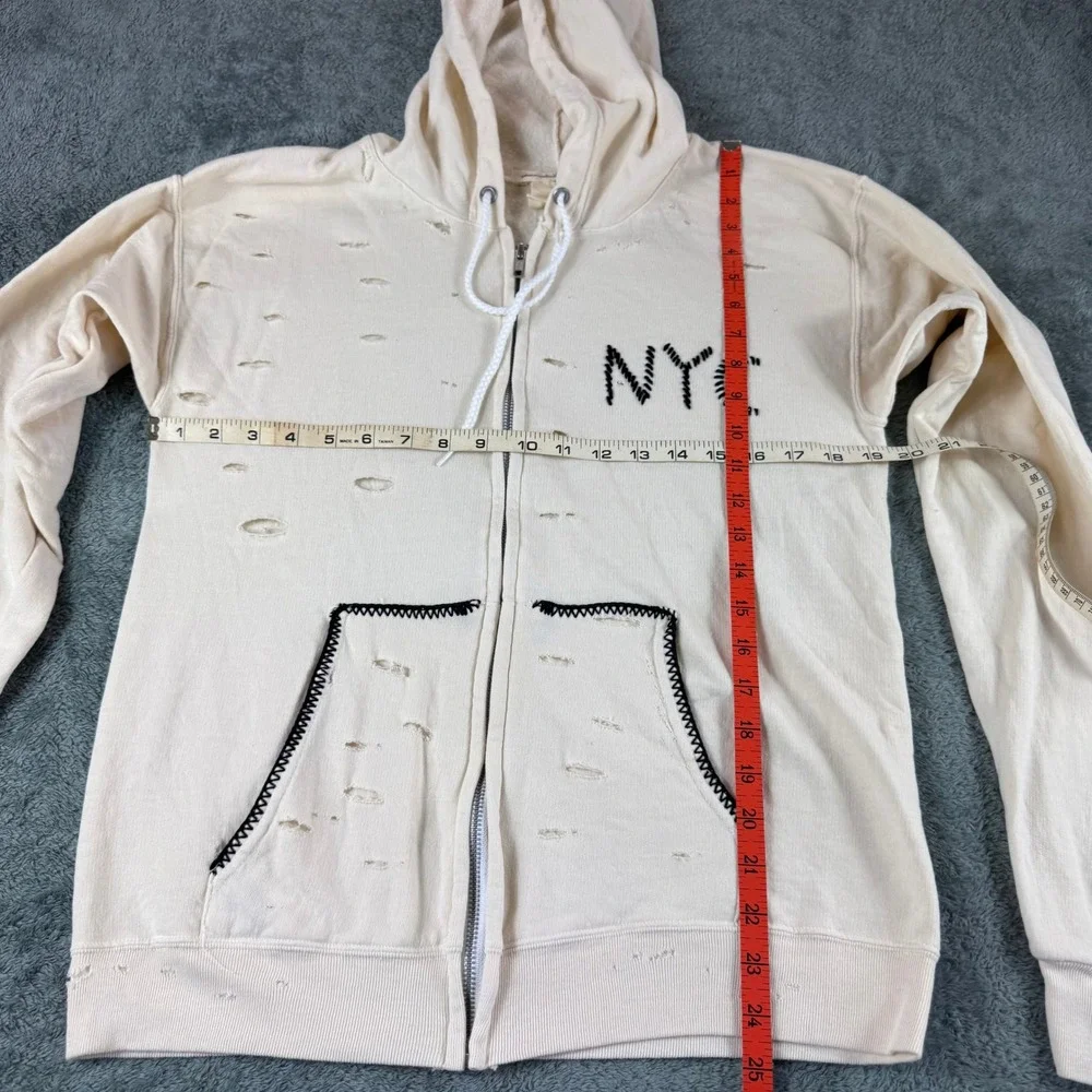 Free People x Tricia Fix Distressed NYC Hoodie Cream Repurposed Vintage XS‎ Zip